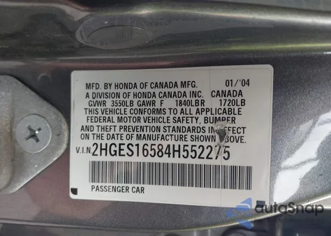 2004 Honda Civic Lx из США, поврежденный, VIN 2HGES16584H552275